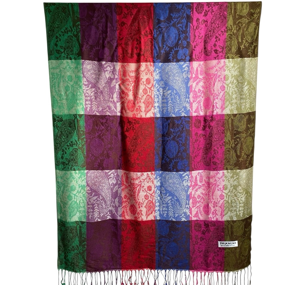 Wrapping Scarf Multicolor Pashmina Silk 72x27" Patchwork Pattern Soft Ethnic - Picture 4 of 5